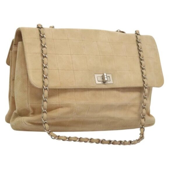 CHANEL Chain 2.55 Choco Bar Shoulder Bag Suede Beige Silver - Picture 1 of 5